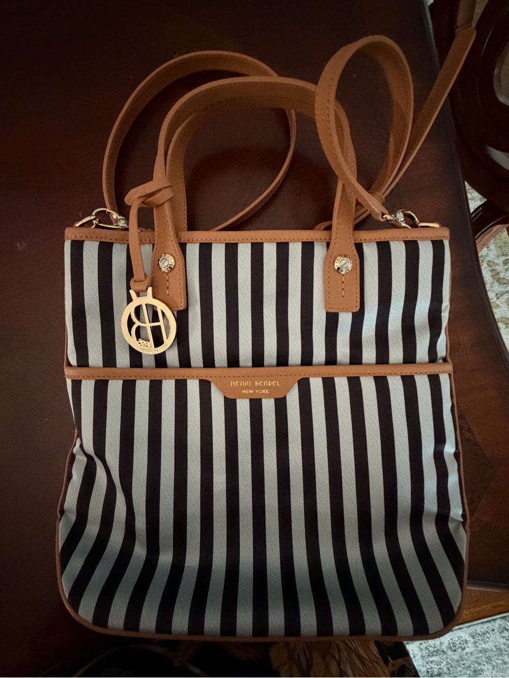 Henri Bendel Centennial Stripe Canvas and Leather Zippered Crossbody Satchel EUC